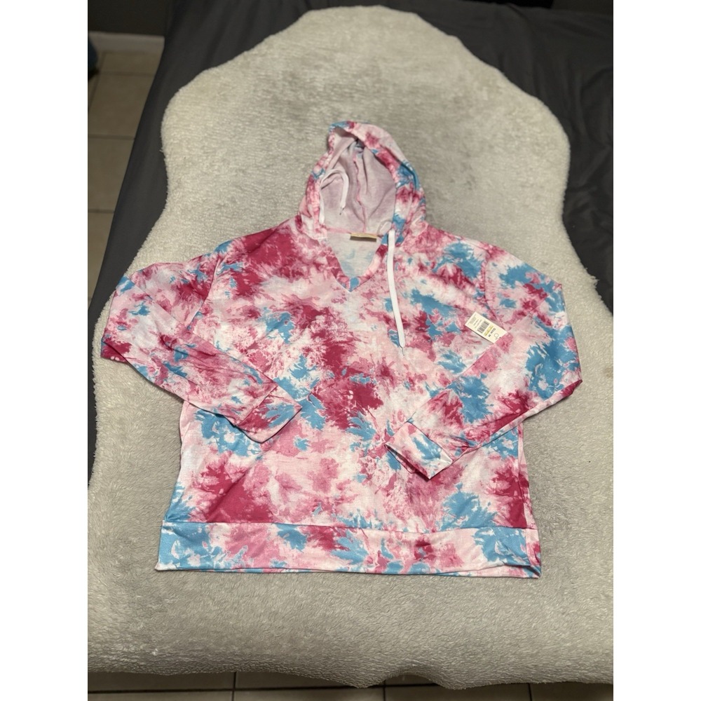 Bobbie Brooks Women Tie Dye Hoodie Sweatshirt Medium M NWT Pink Blue V-Neck LS